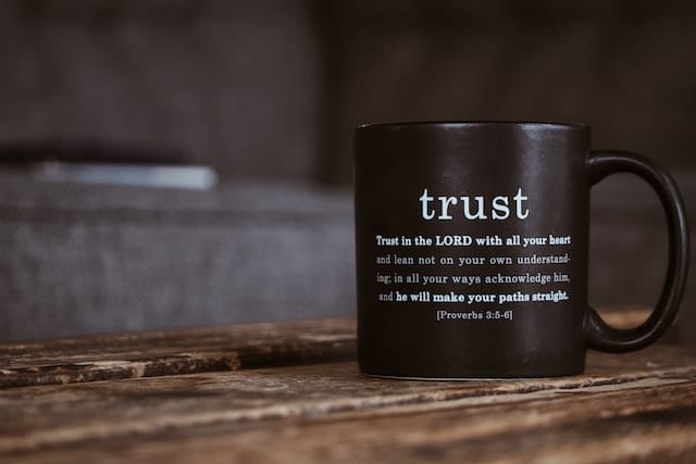 A black coffee mug with the word 'trust' printed in white. Below it, the text reads: 'Trust in the LORD with all your heart and lean not on your own understanding; in all your ways acknowledge him, and he will make your paths straight.' {Proverbs 3:5-6}. The mug is placed on a wooden table.