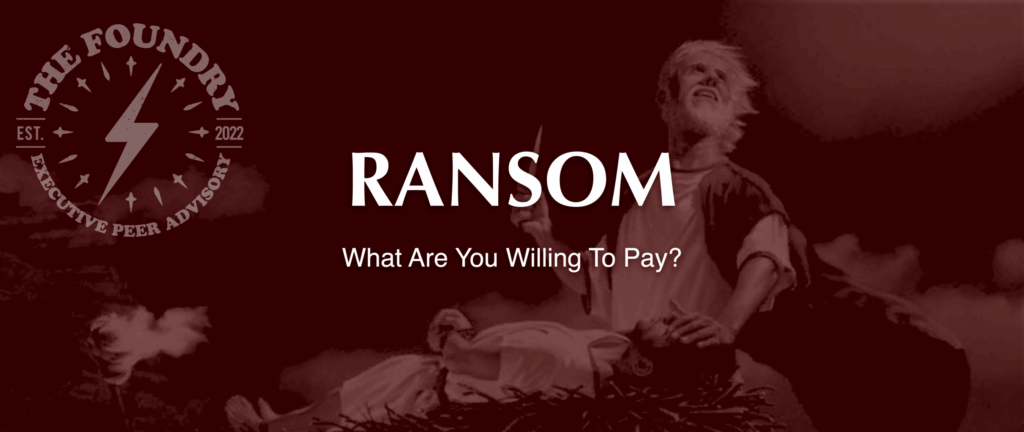 A dramatic image featuring a man in a flowing robe and an intense expression, holding a knife, with a body lying at his feet. The background is dark red with the text "RANSOM" prominently displayed in white, alongside a logo for 'The Foundry'.